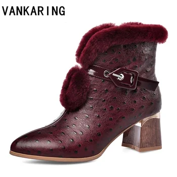 

autumn winter warm wool fur ankle boots woman genuine leather short plush snow boots high quality high heels dress shoes woman