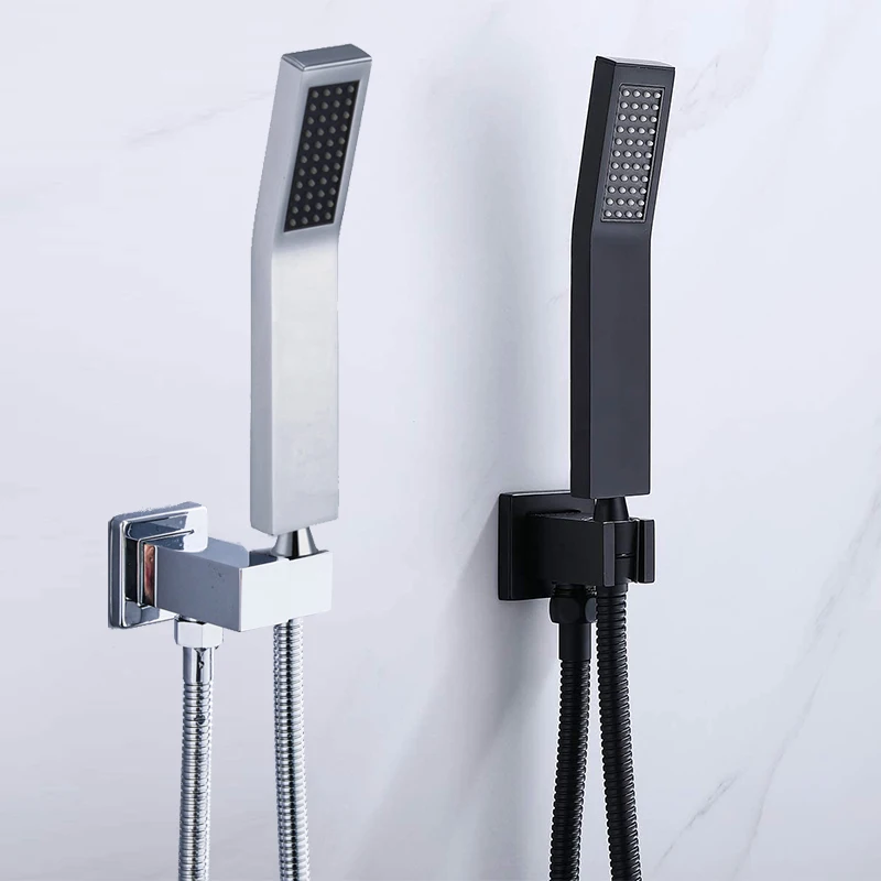 BAKALA All Brass Square Chrome Or Black Hand Held Shower Head With Brass Wall Connector Holder And 1.5m Stainless Steel Hose Shower Head Shower Set