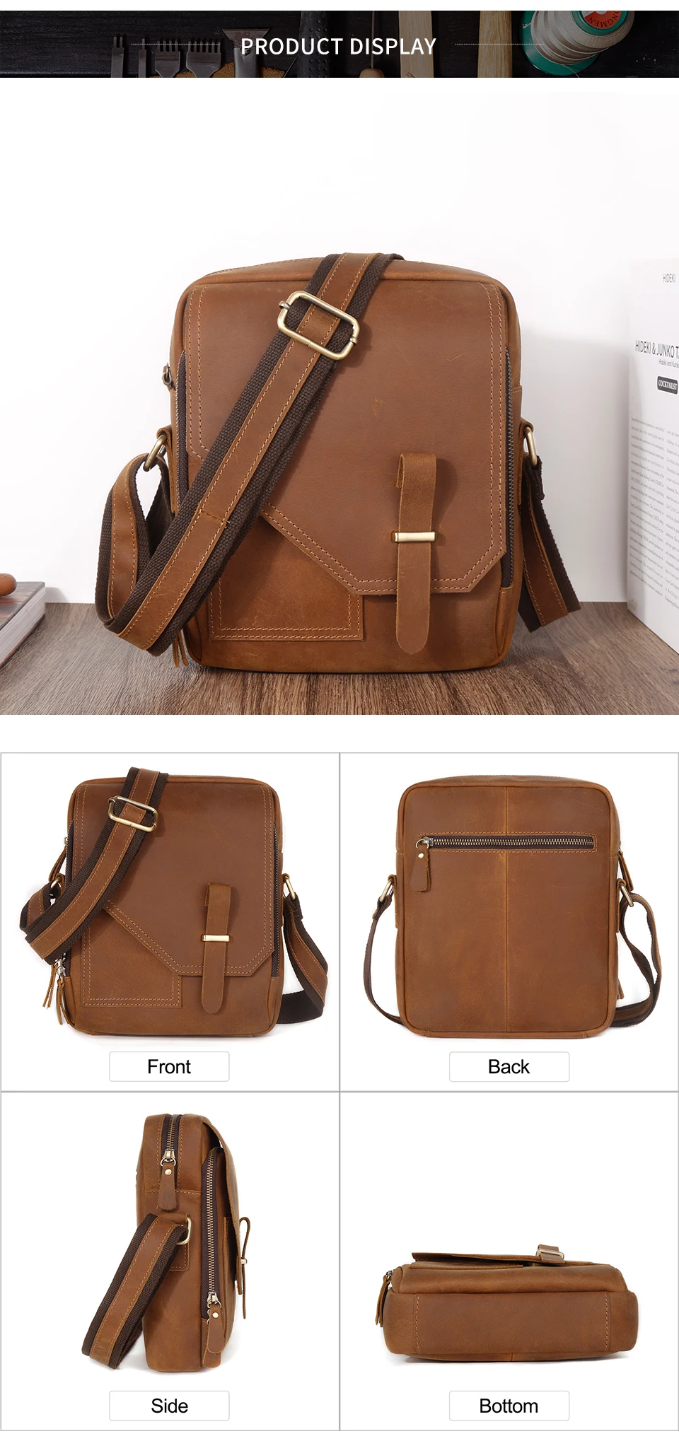 JOYIR Crazy Horse Leather Messenger Bag for Men Multifunctional Casual Crossbody Bags Work Travel Shoulder Bag for 9.7" Ipad