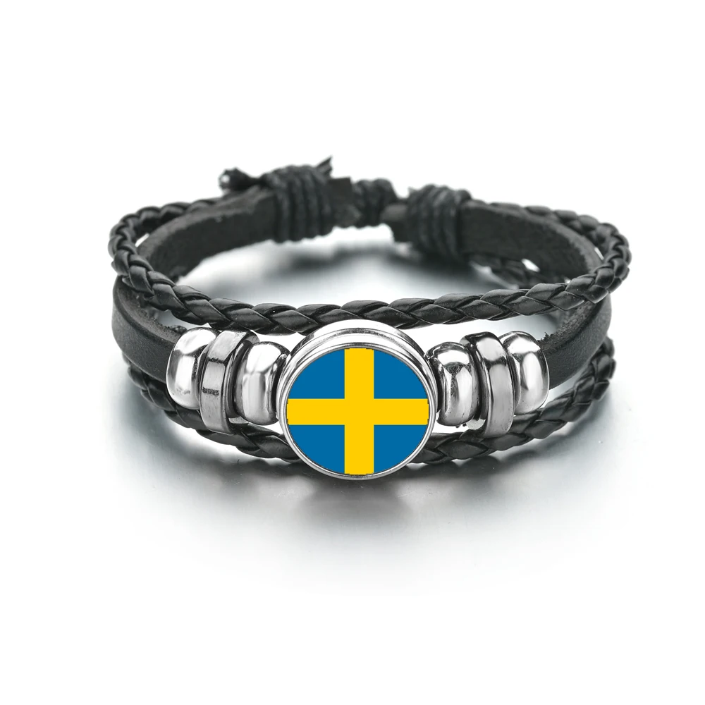 Country Sweden Flag Bracelets Black Braided Leather Bracelet Multilayer Woven Glass Dome Jewelry Punk Men Boy Gift | Украшения и