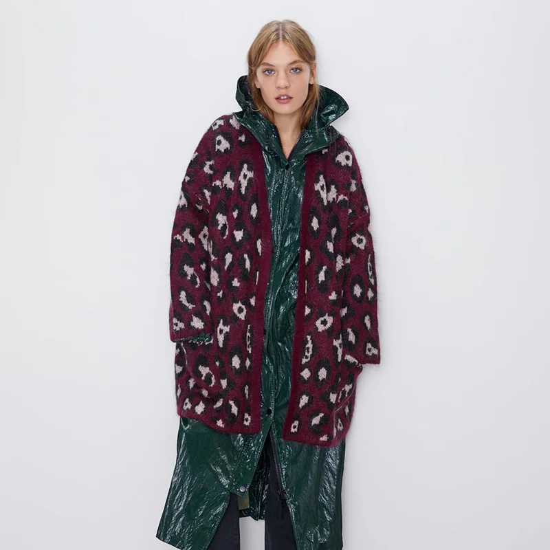 ZA женский вязаный свитер, кардиган с леопардовым принтом, длинный рукав, Осень-зима, мохеровая куртка, куртка, свободная, новая заявленная