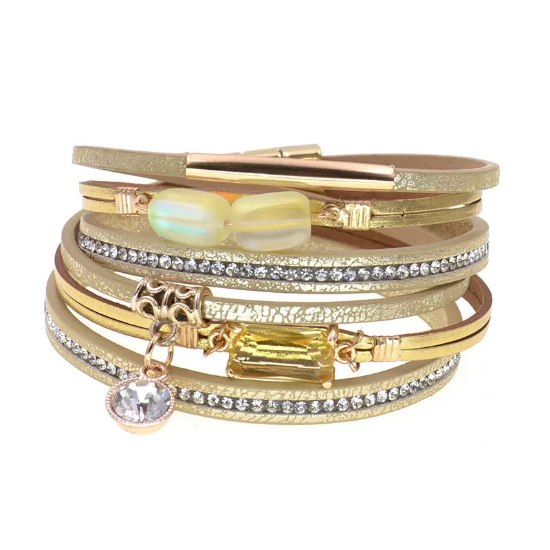 WELLMORE NEW fashion glass bracelet leather charm bracelets for women Luxury Wedding Statement Jewelry Wholesale drop shipping