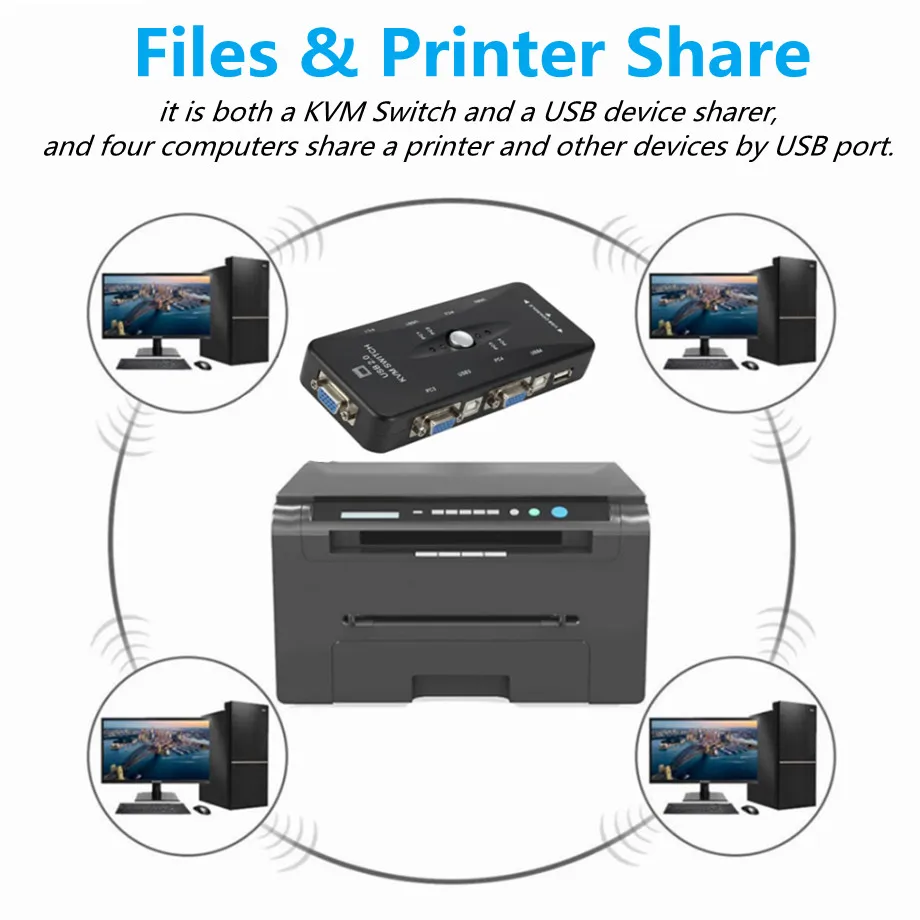 4 Port KVM Switch USB 2.0 VGA Splitter Printer Mouse Keyboard Pendrive Share Switcher 1920*1440 VGA Switch Box Adapter usb kvm switch vga switcher