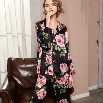 

100 Pure Silk pajamas women spring and autumn Sleepwear silk long sleeve Nightwear Ladies two-piece suit Silk Shirt Pants