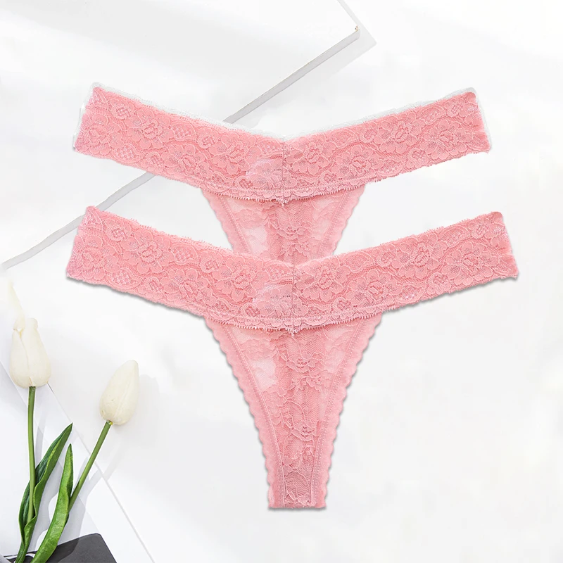 female underwear FINETOO 2PCS/Set M-XL Lace G-string Thong Panties for Woman Sexy Floral Underwear Transparent Women's Underpants Female Lingerie high waisted underwear for women Panties