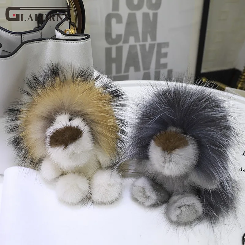

2019 Glaforny keychain imported mink hair fox hair pendant simba bag fur ornament lion king plush key chain car key ring