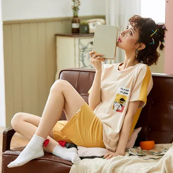 

New Products Pajamas Women's Summer Pure Cotton Short Sleeve Sweet Cute Cartoon Korean-style Students Homewear Set-Outer Wear