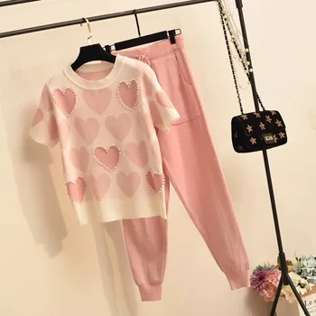

2020 New arrival Beaded Heart Shape Short-sleeved Sweater + Elastic waist Pants Women Sweet 2pcs Suit Ladies Summer Clothing Set