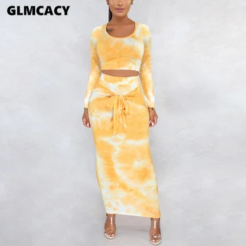 

Women 2 Pieces Fall Winter Outfits Long Sleeve Crop Top and Maxi Pencil Skirt Sets Elegant Evening Party Clubweaar