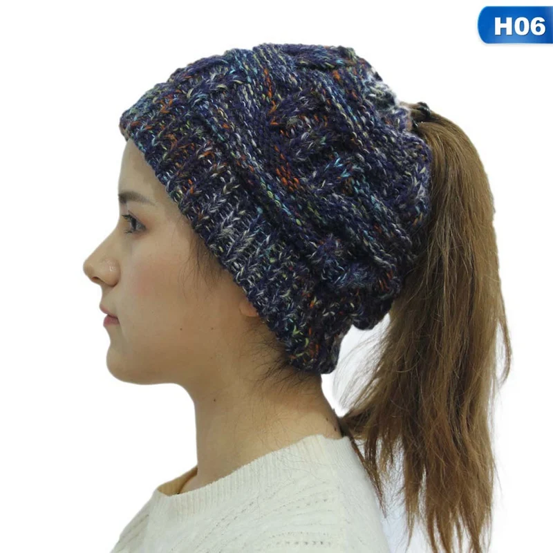 Вязаные конский хвост зимние шапки бини для женщин шерстяная шапка стрейч крючком грязный булочка Holey шляпа Повседневная Skullies Beanies шапка для девочек s - Цвет: H06