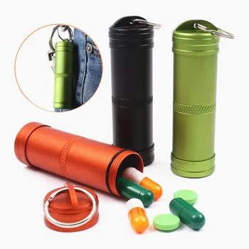 

1PC Portable Aluminum Survival Waterproof Pill Box Container Medicine Storage Case First-Aid Bottle With Key Ring Travel Kits