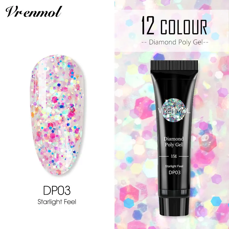 15ml DP03 Vrenmol цветной Алмазный полигель для наращивания ногтей УФ-Гель-лак с блестками долговечный впитывающийся для самостоятельного маникюра - Цвет: 15ml DP03