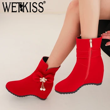

WETKISS Sweet Girls Ankle Boots Butterfly Knot Height Increasing Booties Winter High Shoes Woman Round Toe Red Boot Big Size