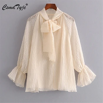 

Casual Flare Sleeve Chiffon Women Blouse Summer Neck Tie Blouses Shirt Elegant Work Wear Loose Female Solid Tops