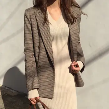 

Vintage Women Lapel Collar Long Sleeve Double-breasted Plaid Blazer Office Coat Blazers Jacket pull femme nouveaute 2019