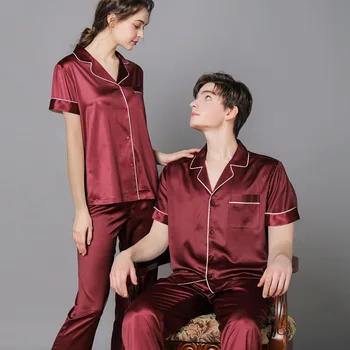 

Satin Couple Pajamas Set Short Sleeve Long Trousers Womens Pajamas for Summer Large Size Solid Color Womens Couple Pijama Hombre