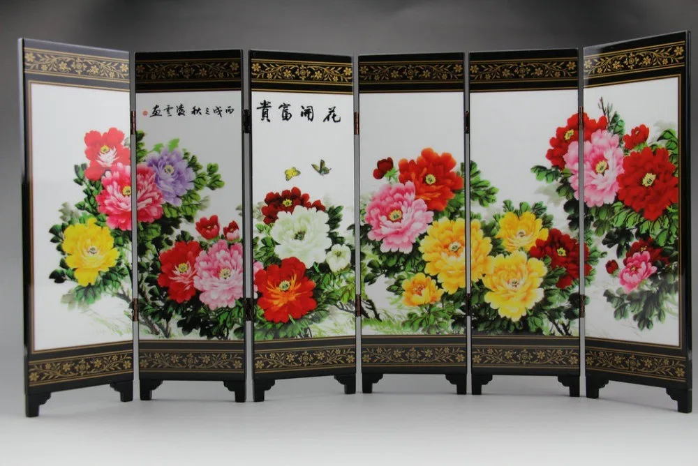 Chinese woodcarving screen lacquer peony flower calligraphy and painting decorative crafts room divider screen,wooden wall panels