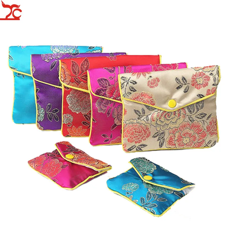 

Chinese Brocade Handmade Silk Embroidery Padded Zipper Small Jewelry Gift Storage Pouch Bag Snap Case Satin Coin Purse