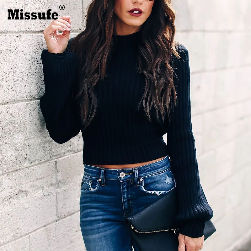 

Missfue Autumn Hollow Out Backless Knitted Sweater Turtleneck Winter Jumpers Sexy Long Puff Sleeve Women Sweaters Bow Tie Tops