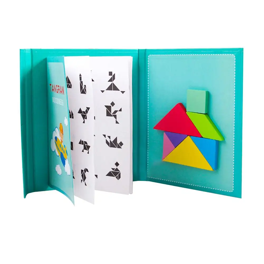 Красочные деревянные Tangram игра-головоломка игрушки с магнитной доской и справочной книгой детская интеллектуальная развивающая детская игрушка - Цвет: Multicolor