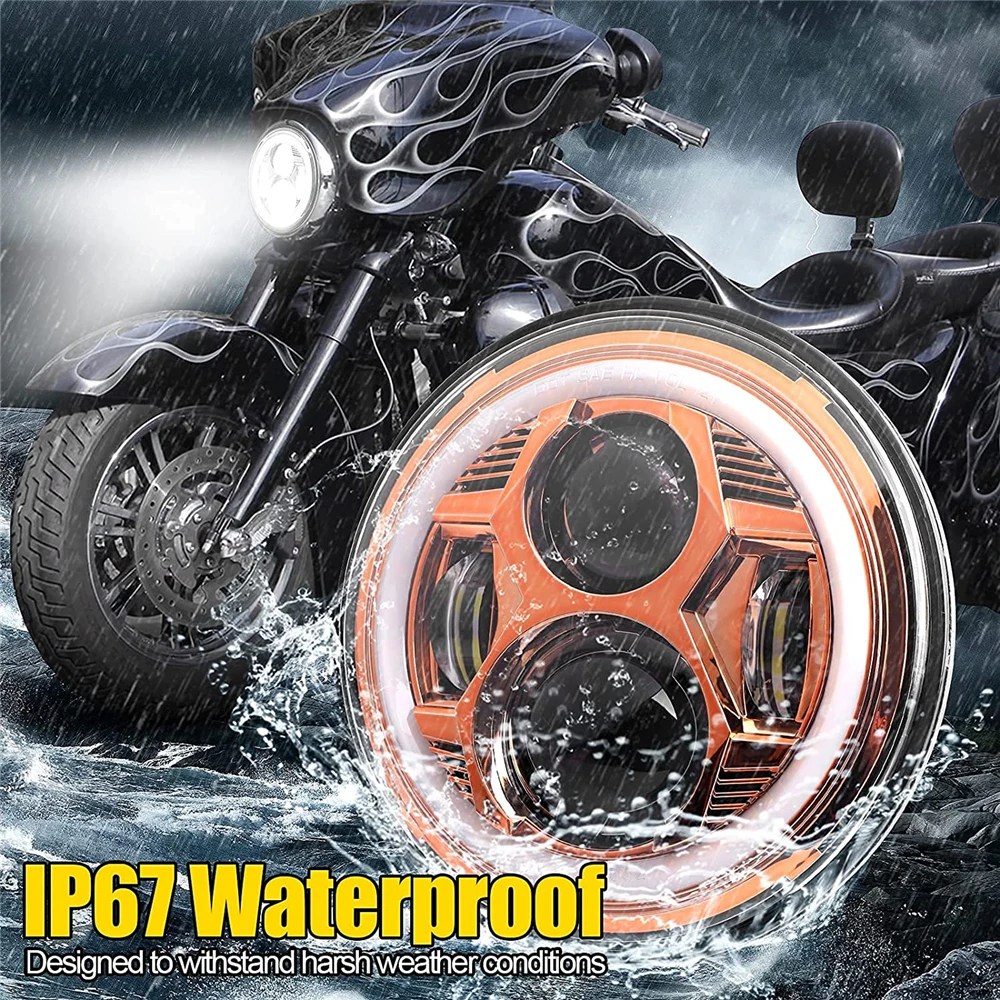 Motorcycle 7inch LED Headlight 7" H4 LED DRL Halo Ring Amber Turn Signal Headlam
