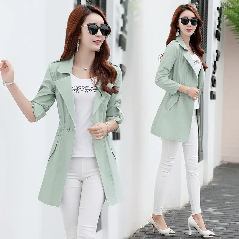 

Spring Autumn 2019 Korean Fashion Double Breasted Mid-long Trench Coat Mujer Loose Belt large size Windbreak Outwear