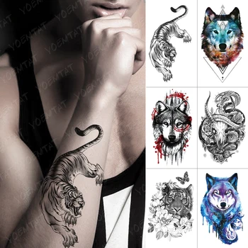 

Waterproof Temporary Tattoo Sticker Wolf Tiger Lion Totem Flash Tattoos Dragon Body Art Arm Water Transfer Fake Tatoo Women Men
