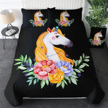 

Cartoon Unicorn Kids Bedding Set King Rose Floral Duvet Cover Girly Home Textiles Purple Bedclothes 3pcs Drop Ship