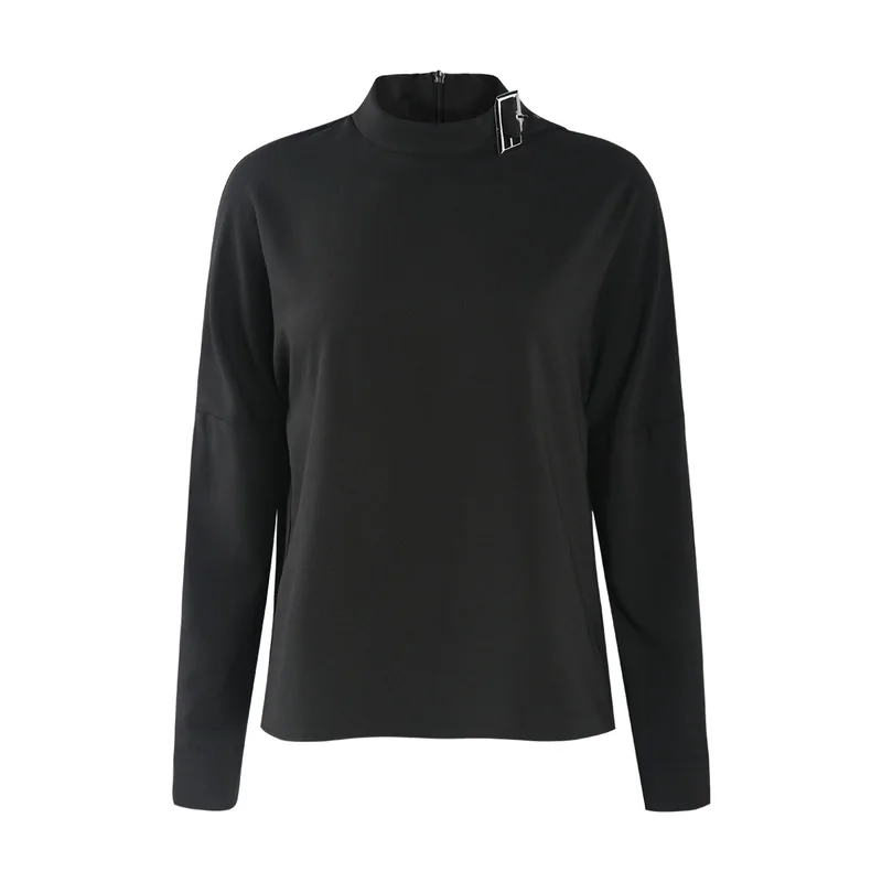 

Spring Autumn Fashion Solid Color Decorative Buttons Long Sleeve Turtleneck SML XL XXL Black Woman Casual Shirt Lady OL Blouses