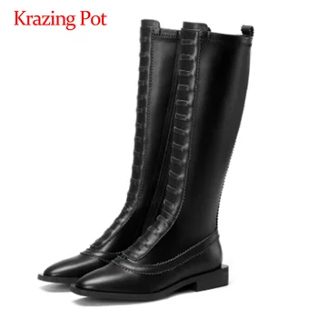 

Krazing pot hot riding boots natural leather all-match leisure square toe thick med heel zipper pretty girls knee-high boots L69