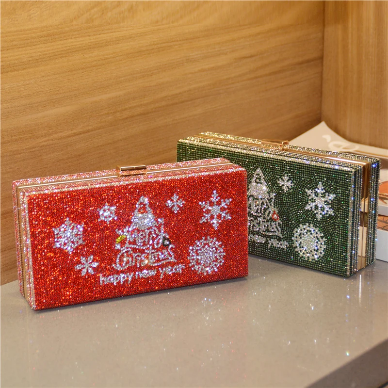 Luxury Merry Christmas Tree bag Rhinestone Bling Crystal Shoulder Bag Clutch Evening Purse Party Hand Bag Crystal Purse