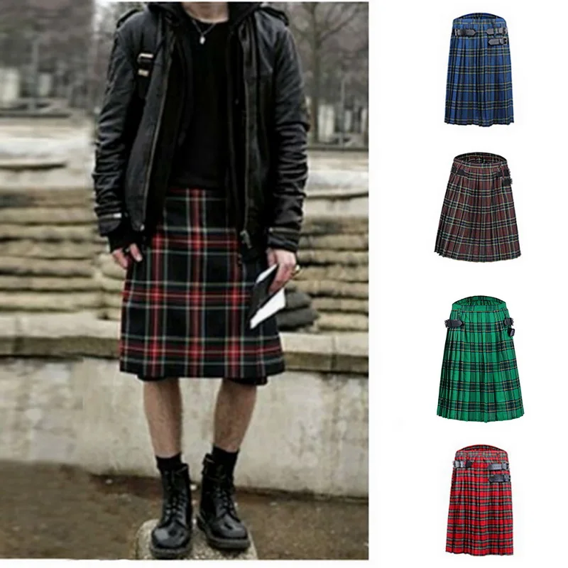 Litthing Scottish Mens Kilt Traditional Plaid Belt Pleated Bilateral Chain Brown Gothic Punk Scottish Tartan Trousers Skirt