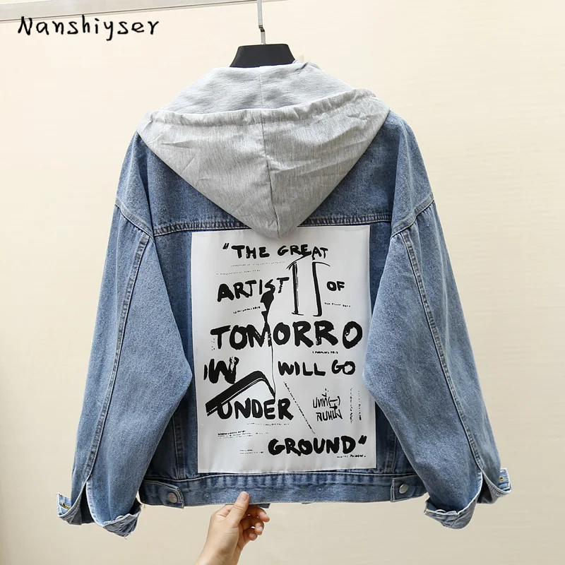 

Korean Autumn Loose Removable Hooded Patch Letter print Harajuku Female Washed blue Denim jacket Oversized Women's Bomber jacket