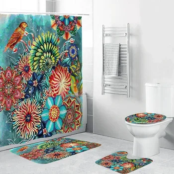 

Bohemia Flower Shower Curtain Set with Rug Carpet Printed Polyester Waterproof Bathtub Screen Bathroom Mat Partition Home Decor