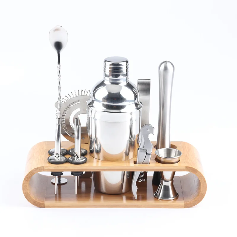 

Stainless Steel Cocktail Set Oval Bamboo Frame Base Cocktail Shaker Bar Set Wine Martini Drinking Mixer Boston Style Bar Tool