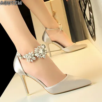 

AGUTZM women sandals Fashion Rhinestone High Heel Shoes Side Hollow Pointed Women Pumps Pointed Toe 10.5CM thin Dress Shoes h187