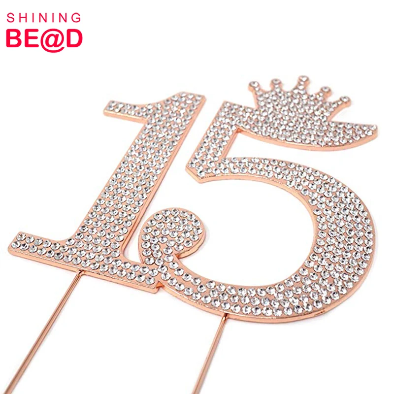 Бесплатная доставка Лидер продаж розовое золото металл номер 15 корона принцессы из страз монограмма торт Топпер для сладкий 15 день