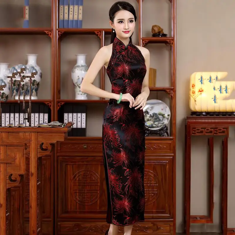 Холтер синий вязаный цветок для женщин Новинка Qipao спинки Элегантный длинный Cheongsam Vestidso атласное сексуальное обтягивающее летнее Новое китайское платье - Цвет: Черный
