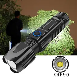 Мощный фонарик zoomable XHP90 светодиодный фонарик USB Перезаряжаемый 26650 фонарик 5 режимов использования Lanterna 26650 для охоты