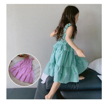 

2020 New Korea Style Sweet Plaid Little Girls Sundress 10 12 years Summer Sleeveless Square Collar Long Dresses
