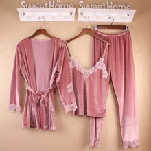 Розовая ночная рубашка набор кимоно халат Женское сексуальное банное Платье Зима 3 шт. бархатный костюм теплое мягкое Ночное платье кружевная домашняя одежда ночное белье