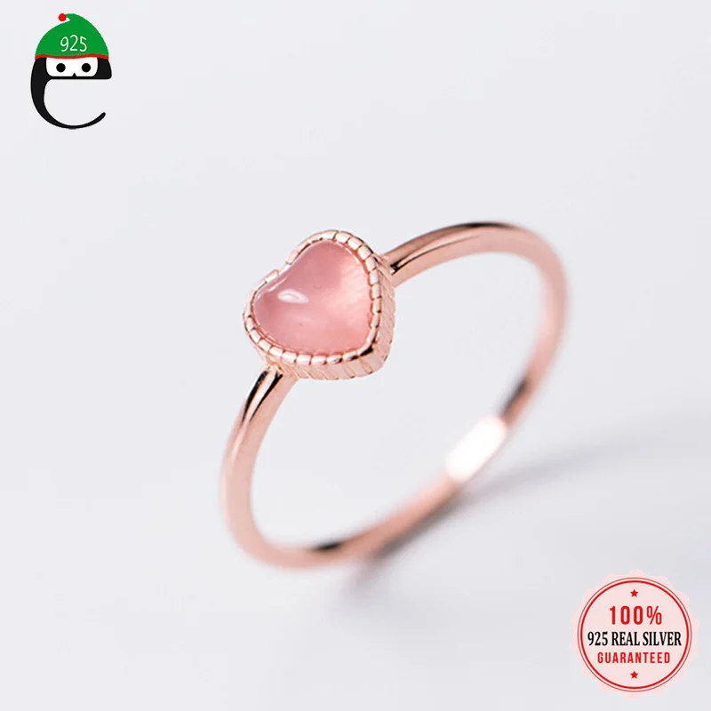 

ElfoPlataSi 100% 925 Real Sterling Silver Rose Synthetic opal Heart Cocktail Opening Ring Sizable For Women Girl Jewelry ED173