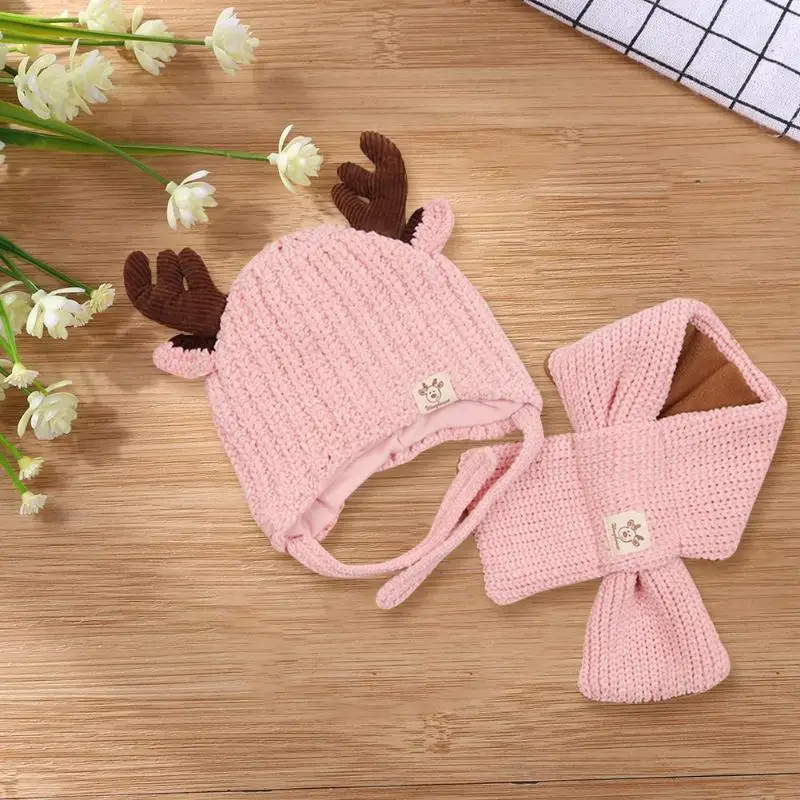 Newborn Baby Winter Warm Cap Scarf Set Cute Knitted Antlers Neck Warmer Cap Suit Infants Protect Boy Girl Kids Hat and Scarf Set