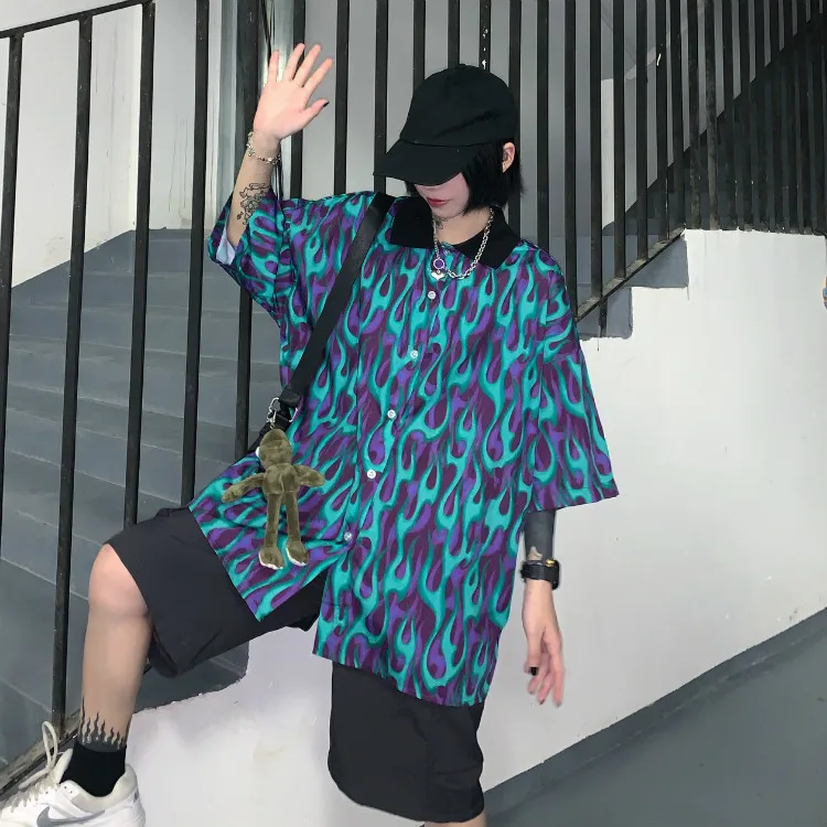 Harajuku Loose Summer Tops Punk Men Casual Blue Flame Print Blouse