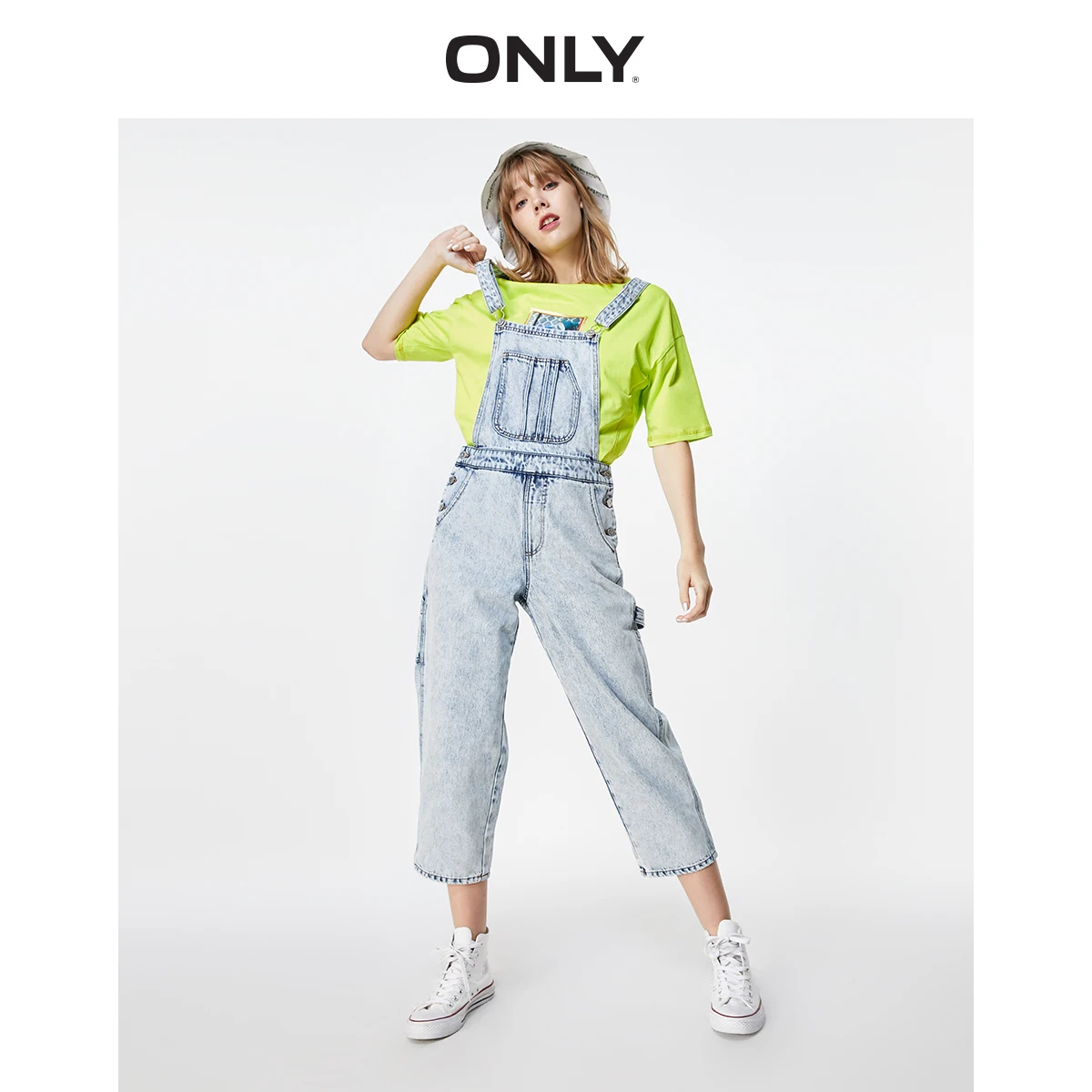 ONLY Women's Distressed Light Color Capri Denim Overalls |11937K501 ONLY Women's Distressed Light Color Capri Denim Overalls |11937K501