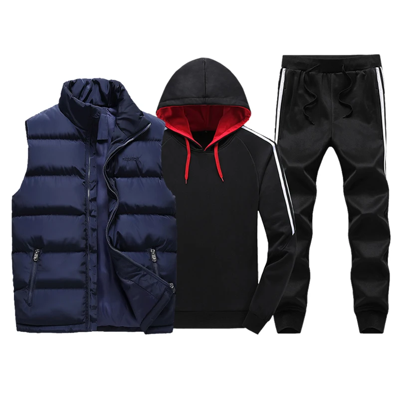 Зимний утепленный мужской спортивный костюм из 3 предметов с меховым капюшоном, флисовая толстовка+ жилет на молнии+ спортивные штаны, спортивный костюм в стиле пэчворк, мужской комплект 4XL - Цвет: ZH301Blue Black