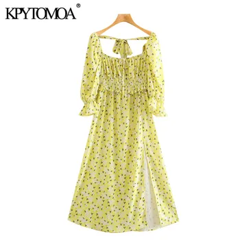 

KPYTOMOA Women 2020 Chic Fashion Floral Print Front Slit Midi Dress Vintage Backless Puff Sleeves Female Dresses Vestidos Mujer