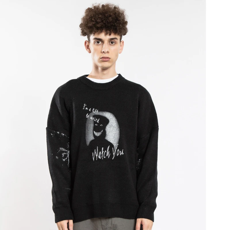 

Men's Pullover Sweaters European and American Popular Brand Men's Horror Smiley Gradient Warm Sweater Trend Loose Men's Knitwear