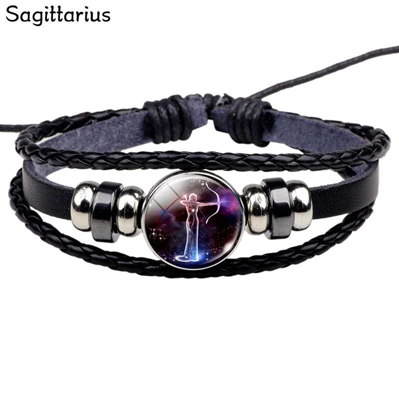 Sagittarius 12 браслеты с изображениями созвездий, черные кожаные плетеные браслеты, стеклянные ювелирные изделия, Знак зодиака, модные панк мужские браслеты, упаковка - Окраска металла: Sagittarius