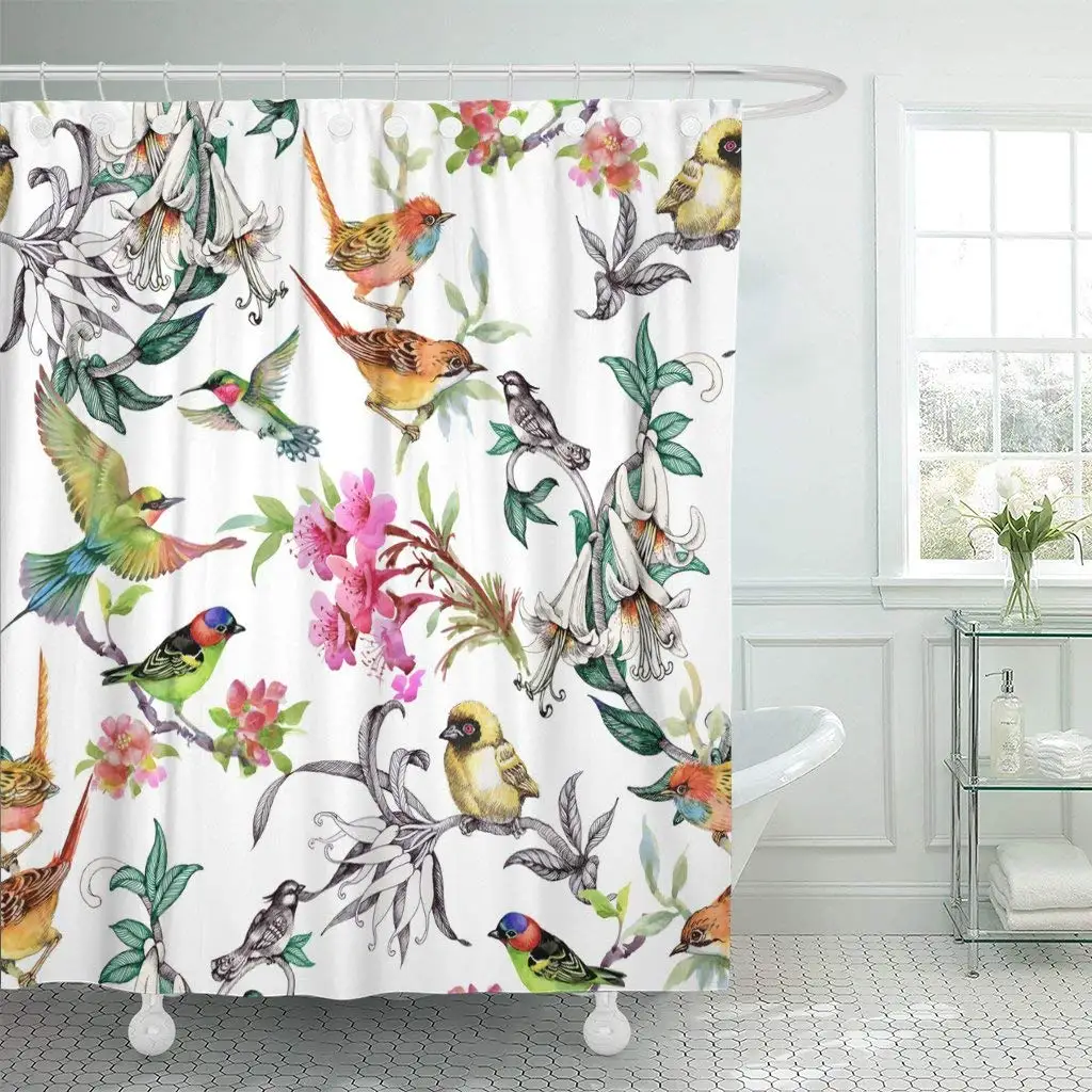 Details about   Chinese Style Beautiful Peony and Birds Waterproof Fabric Shower Curtain Set 72" 